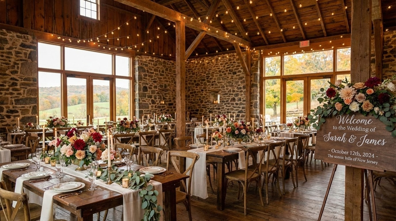 Rustic barn wedding reception in New Jersey with wooden tables, floral centerpieces, string lights, and a welcome sign, featuring large windows overlooking scenic countryside.