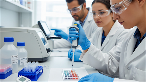 Researchers performing cancer research experiments with HeLa/GFP cells in a lab.