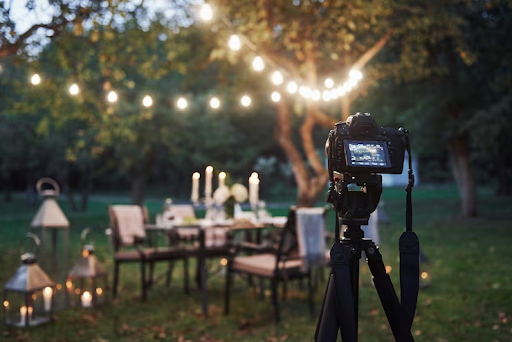 Professional camera on a tripod capturing an elegant outdoor evening setup with string lights and a candle-lit dining table in a garden.