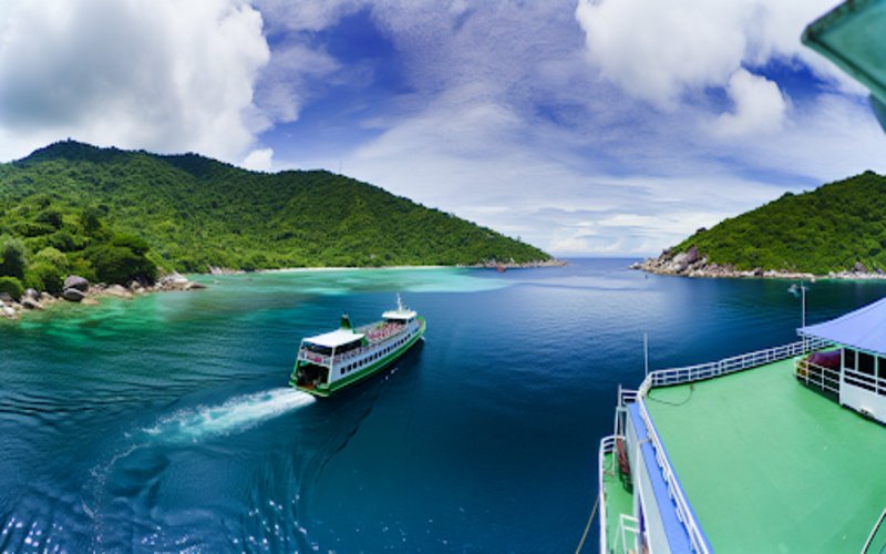 Ferry boat sailing through clear turquoise water between lush green tropical islands under a bright blue sky, scenic ocean view from another boat deck.