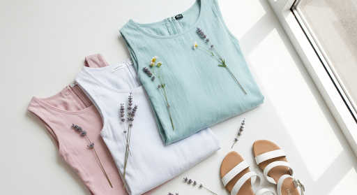 Pastel sleeveless tops in pink, white, and mint green with floral embroidery, styled with white sandals for a minimalist spring outfit