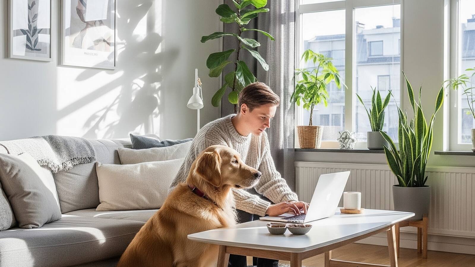 Man som arbetar sverige på en laptop hemma med en hund vid sidan i ett ljust vardagsrum