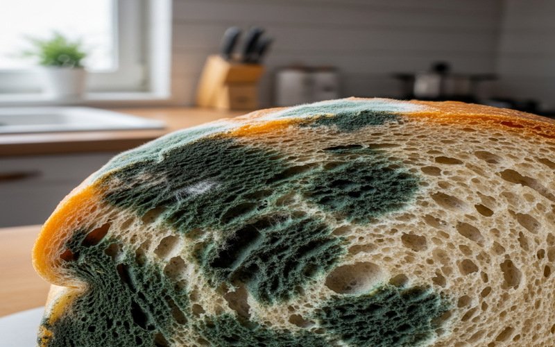 Close-up of moldy bread with green and black fungal growth on a sliced loaf