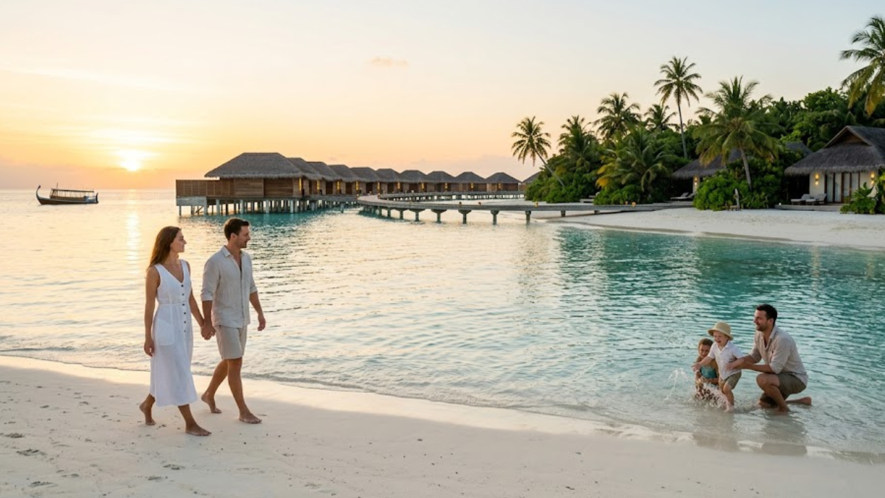 Couple walking along a white sandy beach at sunset in the Maldives, with overwater villas on stilts and a family playing in the shallow turquoise lagoon.