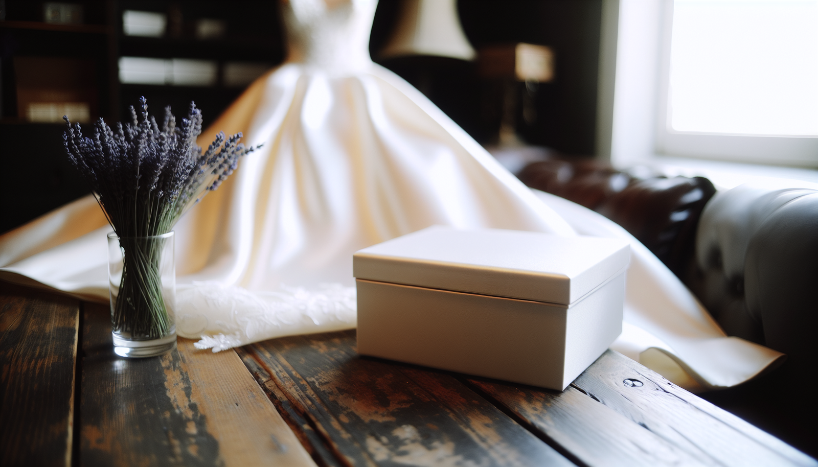Elegant wedding dress displayed in the background with a white gift box and a small bouquet of lavender on a wooden table.