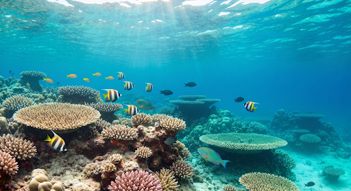 Colorful coral reef and tropical fish underwater in Koh Tao clear blue ocean