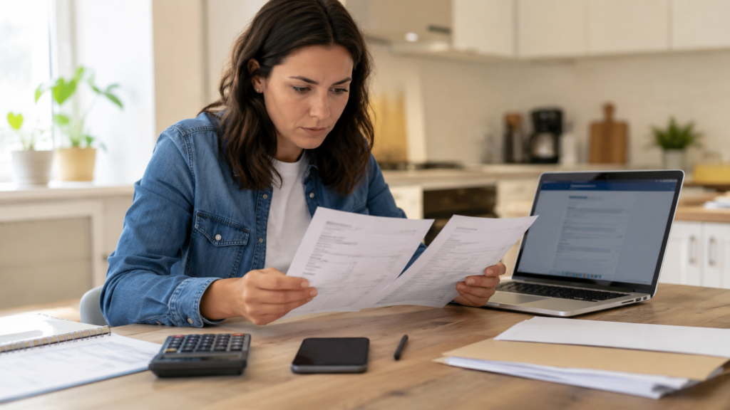 a woman reviewing pay stubs and financial documents at a home office while preparing to report monthly wages for Supplemental Security Income (SSI).